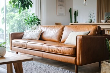 Poster - A brown leather couch in a cozy living room setting