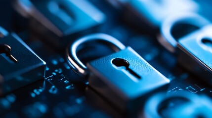 Poster - Macro shot of metallic padlocks on a digital background emphasizing security themes : Generative AI