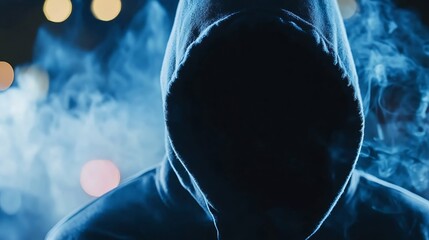 Poster - Mysterious hooded figure emerging from smoke against blurred urban background at night : Generative AI