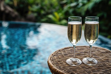 Poster - Two glasses of champagne placed on a rustic wicker table beside a pool, perfect for a relaxing evening or outdoor celebration
