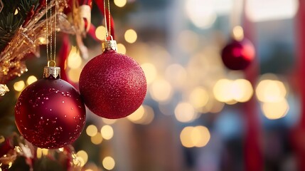 Aufkleber - Festive Christmas ornaments in red glitter reflecting bright lights creating a joyful atmosphere : Generative AI