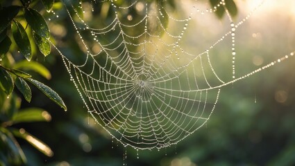 Poster - spider web glistens with dew under morning sunlight in a tranquil outdoor setting