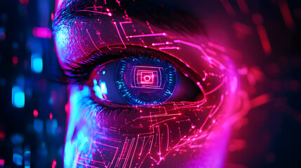 Poster - Futuristic digital eye vision high-tech environment digital art cyberpunk aesthetics close-up view modern technology concept