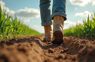 Low angle view of farmer walking in boots on plowed field. Agriculture rural scene with maize, cornfield crops. Boots in mud, dirt on ground. Farmer steps on land, outdoor walk. Farming concept.