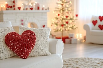 Sticker - Living room with comfortable furniture and decorated Christmas tree, suitable for holiday scenes or winter warmth