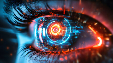 Poster - Futuristic digital eye technology high-tech laboratory visual art neon environment close-up view modern digital concept