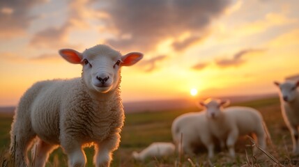 Poster - Curious sheep standing in a beautiful pasture under a breathtaking sunset sky : Generative AI