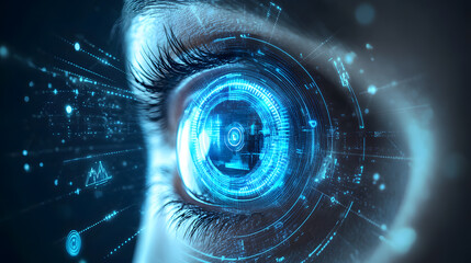 Poster - futuristic eye technology interface sci-fi lab digital art high-tech environment close-up perspectiv