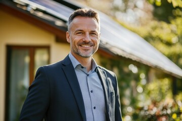 Poster - A person dressed in business attire stands outside a residential home