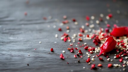 Poster - Colorful Spices and Dried Chili Peppers Spilled on a Wooden Surface : Generative AI