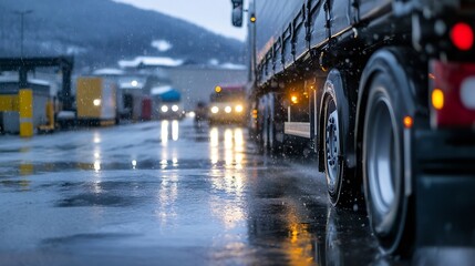Poster - Trucking Industry Scene with Heavy Vehicles and Rainy Weather Conditions : Generative AI