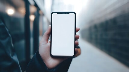 Hand holding smartphone with blank screen outdoors.