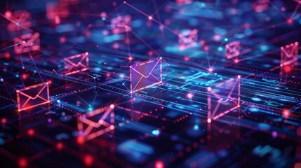 Leinwandbilder - A colorful network showcasing digital messages represented by glowing envelopes interconnected through lines and nodes, creating a visual representation of communication in a modern era.