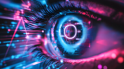 Poster - Futuristic digital eye technology virtual reality lab high-tech visuals cyberpunk environment close-up view innovation concept