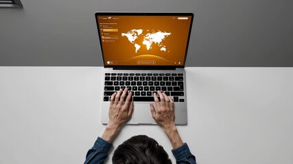 Aufkleber - Programmer working on laptop with global network interface, capturing world map visualization from top view with slow motion precision and professional workflow