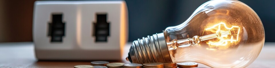 Poster - A single light bulb sitting on top of a pile of coins, ideal for use in financial or educational contexts