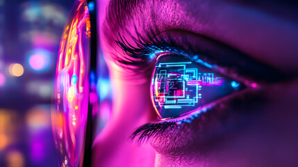 Poster - Futuristic eye technology urban setting digital art high-tech environment close-up view modern concept