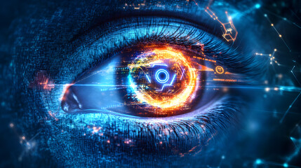 Poster - Futuristic digital eye vision high-tech innovation visual art cyber environment close-up perspective modern concept
