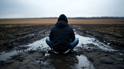 Poster - Person in hoodie sitting in muddy field reflecting on a cloudy day with a somber atmosphere : Generative AI
