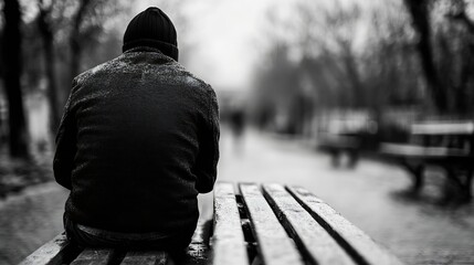 Poster - Lonely man sitting on a bench in a park on a rainy day creating a reflective mood : Generative AI