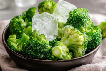 Poster - A bowl containing fresh broccoli florets with ice cubes added