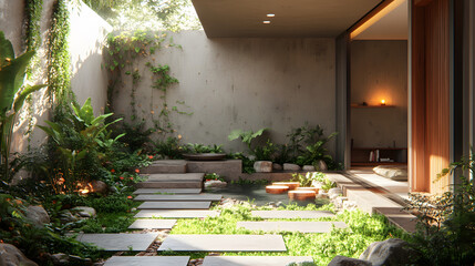 Poster - A serene indoor garden featuring lush greenery, stepping stones, and natural light, creating a peaceful and tranquil atmosphere