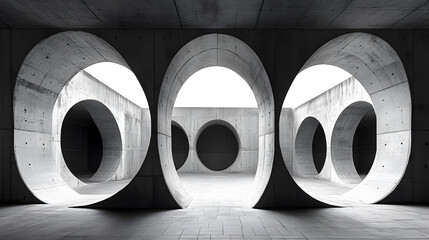 Fototapete - A minimalist architectural space featuring large round openings in concrete, creating a play of light and shadow