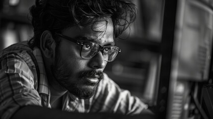 Fototapete - Young man with glasses is deeply engaged in work at his computer in a low light setting. His expression shows concentration and determination as he processes information.
