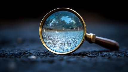 Poster - A close-up of a vintage magnifying glass focusing on a textured surface, creating a blurred view of the environment beyond