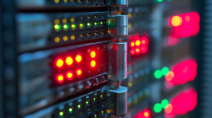 Poster - Close-up of data server lights indicating activity, showcasing a network environment with vibrant red and green lights