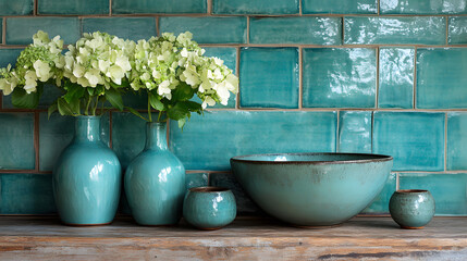 Poster - A serene display of turquoise pottery complemented by fresh white flowers against a vibrant tiled backdrop
