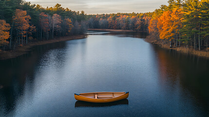Poster - A serene landscape featuring a solitary boat on a calm lake surrounded by autumn foliage and tranquil waters