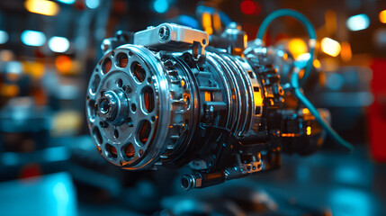 Aufkleber - A close-up of a metallic engine component, showcasing intricate details and vibrant lighting in a workshop setting