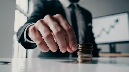 Poster - Professional businessman methodically stacking golden coins on desk, symbolizing strategic financial growth, investment planning, and long term economic success in precise slow motion sequence