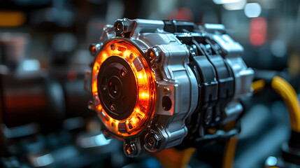 Poster - A close-up of a high-tech machine component with glowing orange lights, highlighting intricate details and modern engineering