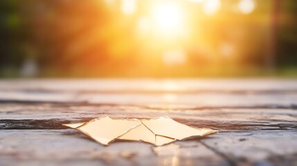 Poster - Shattered glass pieces laid on a wooden surface with sunlight illuminating the scene : Generative AI