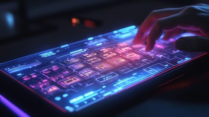 Poster - futuristic keyboard that projects a 3D holographic interface for typing.