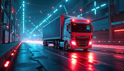 Poster - Truck drives by night on road with neon lights. Real-time tracking logistics, assets using IoT tech. Delivery automation, supply chain visibility, enhanced operational efficiency with smart control