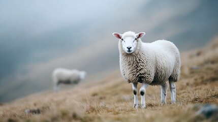 Poster - Closeup of a fluffy sheep standing in a misty landscape with another sheep blurred in the background showcasing nature : Generative AI