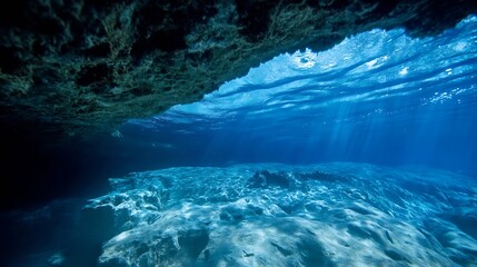 Aufkleber - Underwater view of clear blue water with sunlight radiating through the surface and rocky seabed featuring colorful marine life : Generative AI