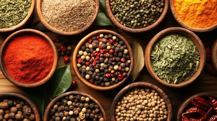 Wall Mural - Assorted spices and herbs in wooden bowls on rustic table