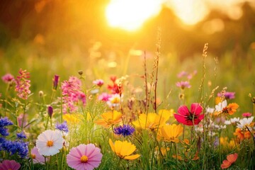 Poster - A serene landscape of a field of wildflowers against the warm glow of sunset