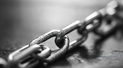 Poster - Close up view of a silver chain showing interlinked metal links on a dark textured background symbolizing strength and security : Generative AI
