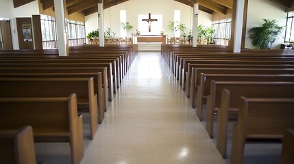 Fototapete - Interior view of a serene church sanctuary with wooden pews and natural light illuminating the space : Generative AI