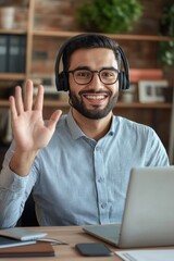 Poster - a person working on their laptop while wearing headphones, possibly focused on music or audio editin