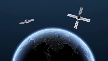 Poster - Rotating globe with orbiting satellites showcasing global communication network against dark blue cosmic backdrop, highlighting space technology and scientific exploration of planetary connections