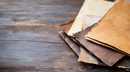 Aufkleber - Aesthetic Collection of Vintage Weathered Papers Stacked on Dark Wood Background : Generative AI