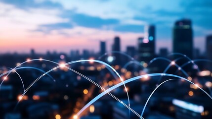 Poster - Illuminated City Skyline with Network Connections Representing Digital Infrastructure at Dusk : Generative AI
