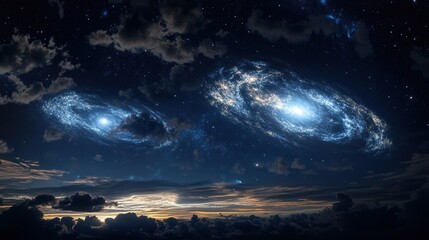 Wall Mural - large and small magellanic clouds, two satellite galaxies of the milky way, glowing faintly in the n