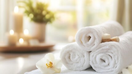 Fototapete - Luxurious spa setting featuring rolled towels and soothing candles for a tranquil atmosphere : Generative AI